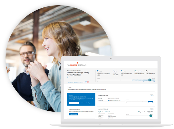 Business team demonstrating functionality of My Advice Architect on laptop