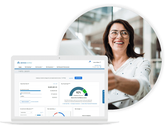 Business woman showcasing My Advice Architect functionality on computer