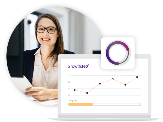 Business woman demonstrating Growth360 functionality on laptop